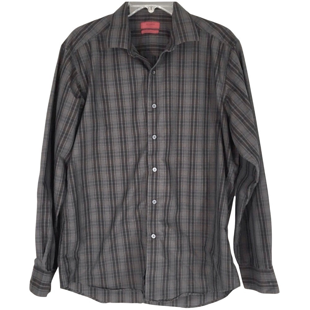 Alfani Fitted Performance Plaid Button Down Shirt 16 34-35 L Grey